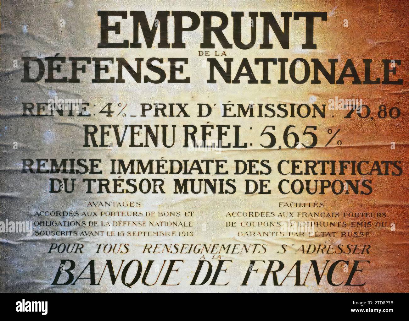 Paris, France Poster of the national loan, Bank of France, Economic activity, Registration, information, First World War, Loan, Bank, finances, Poster, War effort, war work, France, Paris, Poster of the loan Bank of France, Paris, 18/10/1918 - 18/10/1918, Léon, Auguste, photographer, Autochrome, photo, Glass, Autochrome, photo, Positive, Horizontal, Size 9 x 12 cm Stock Photo