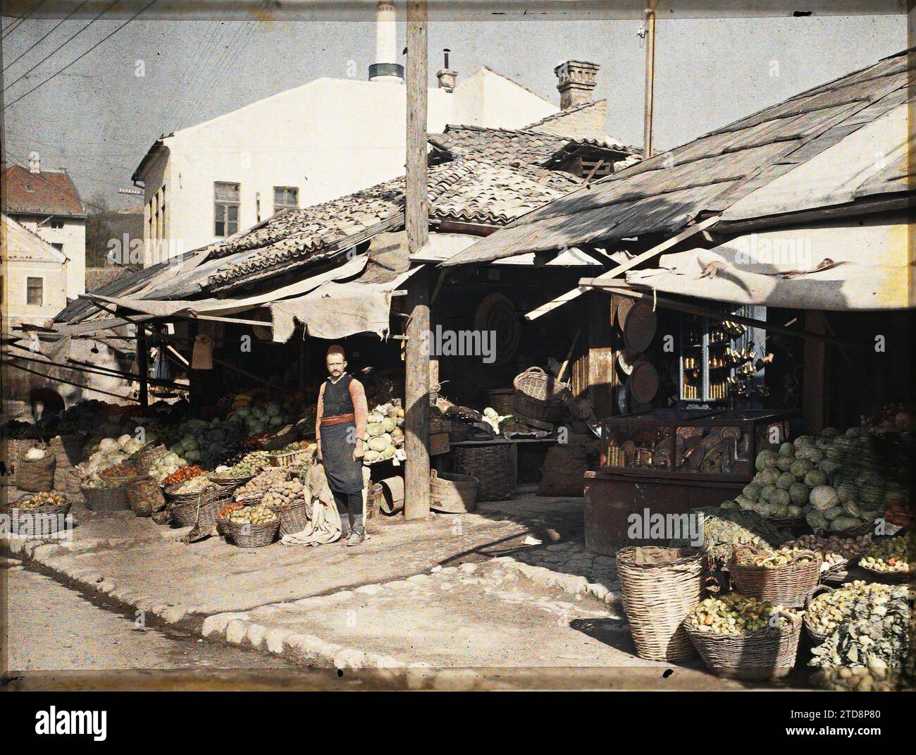 Market fair food work clothing vegetable fruit window display hires