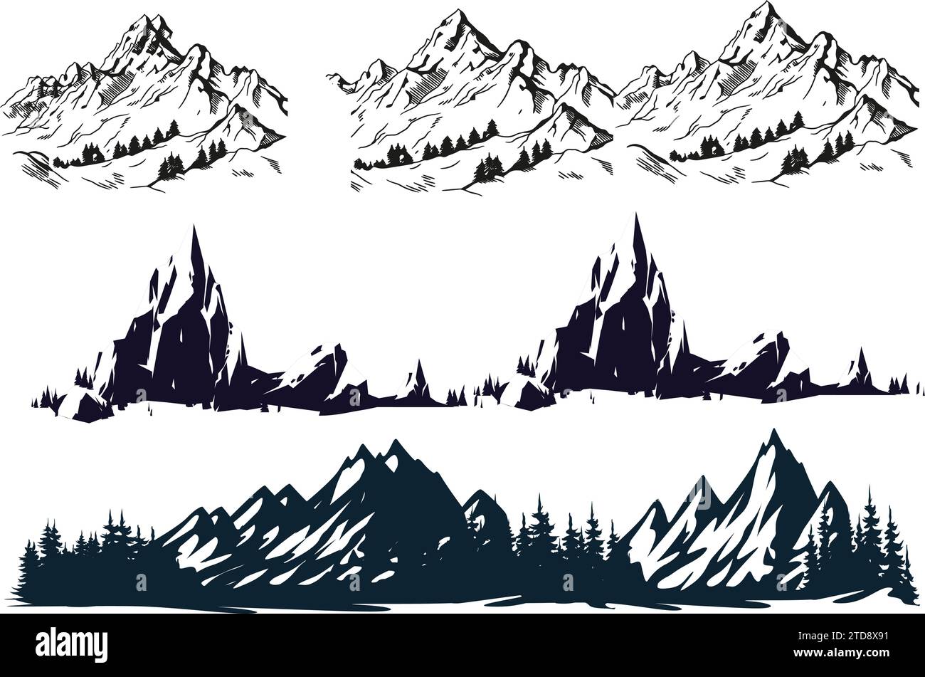 Vector illustration set of silhouette peak of rocky mountain icon Stock Vector