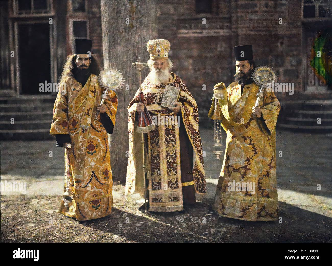 Hilandar Monastery, Greece, Clothing, Personality, Religion, HD, Human Beings, Religious Clothing, Religious Personality, Christianity, exists in high definition, Group Portrait, Monastery, Accessory, Hairstyle, headgear, Man, Turkey, Hilendar, Father Archimandrite and two Deacons, Mont Athos, 01/09/1918 - 30/09/1918, Cuville, Fernand, 1918 - Greece - Fernand Cuville - (September), Autochrome, photo, Glass, Autochrome, photo, Positive Stock Photo