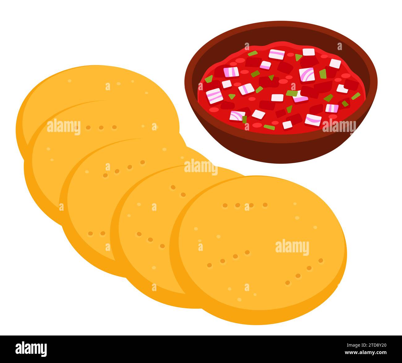 Sopaipillas with pebre, traditional Chilean food drawing. Deep fried