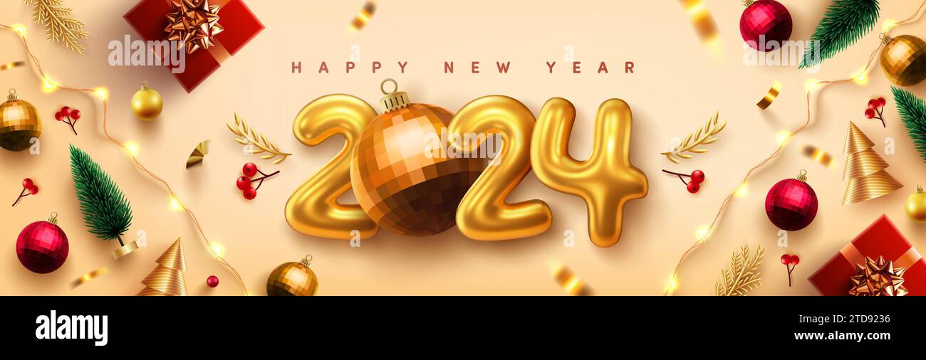 2024 New Year Promotion Poster or banner with gift box and christmas