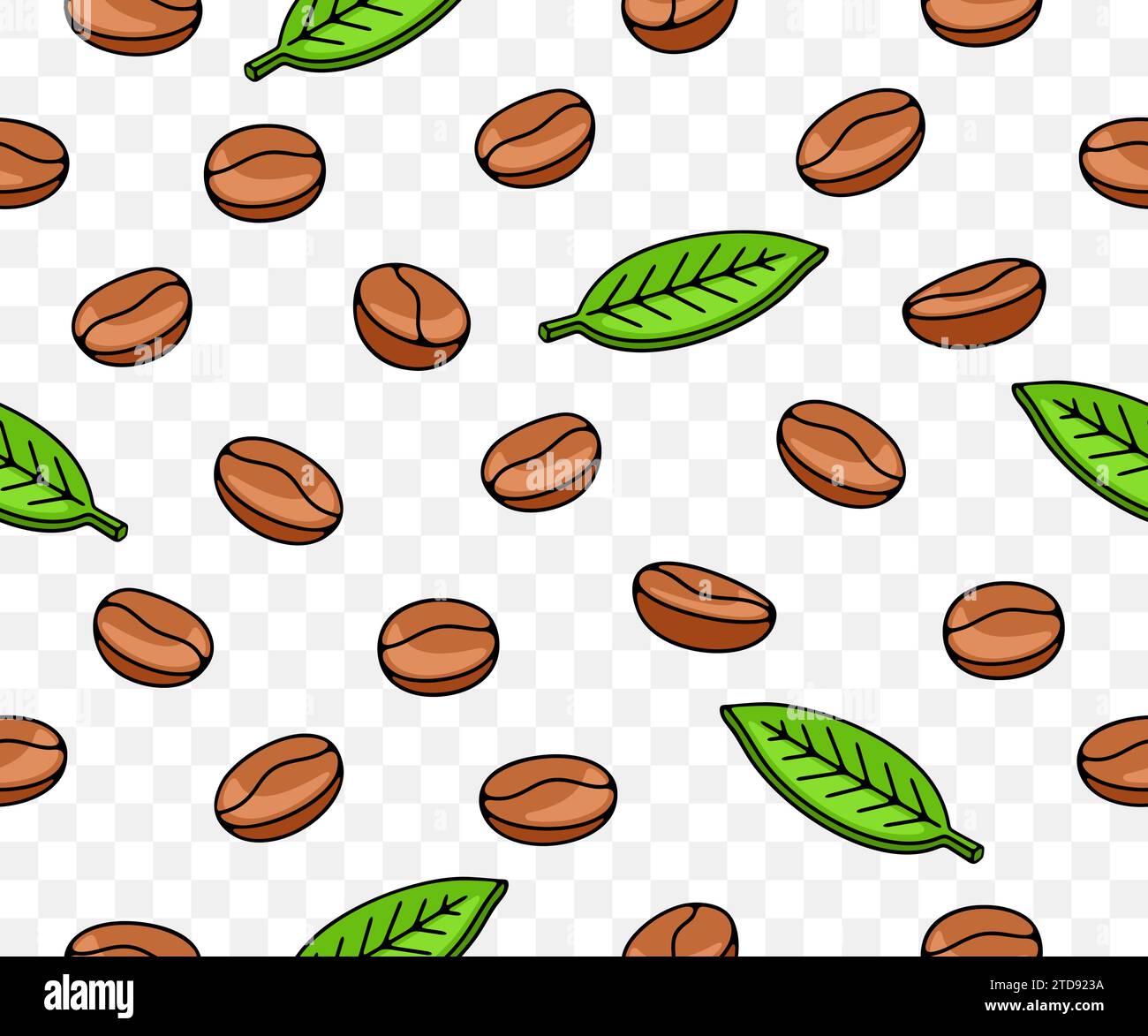 Coffee beans with leaf and plant, seamless vector background and pattern. Food, hot drink, beverage, cafes, coffee house and coffee shop, vector Stock Vector