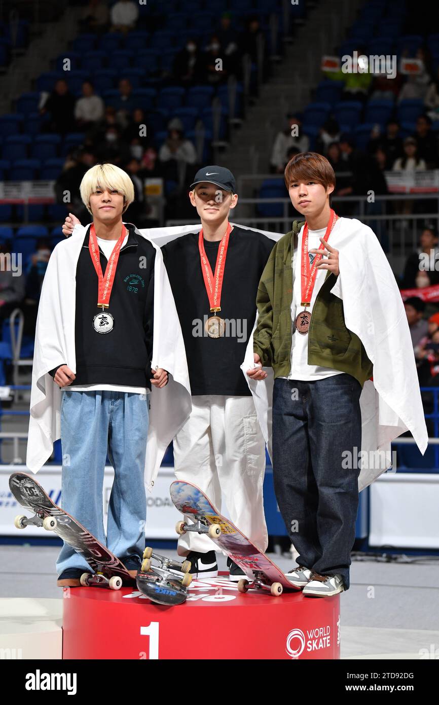 L-R) Kairi Netsuke, Sora Shirai and Yuto Horigome of Japan