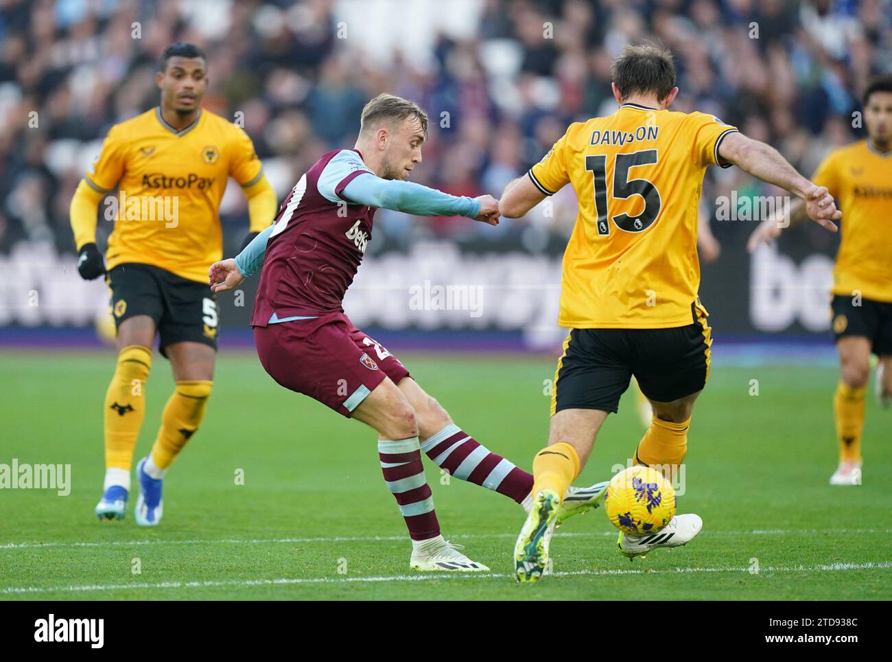 West Ham United's Jarrod Bowen sees his shot hit the post during the ...