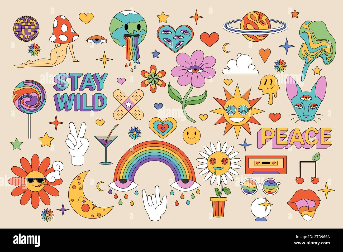 Hippie retro stickers set. Groovy characters, emoji and elements of funky hippy 70s style, psychedelic flower and mushroom, disco ball and rainbow mascots collection, cartoon vector illustration Stock Vector