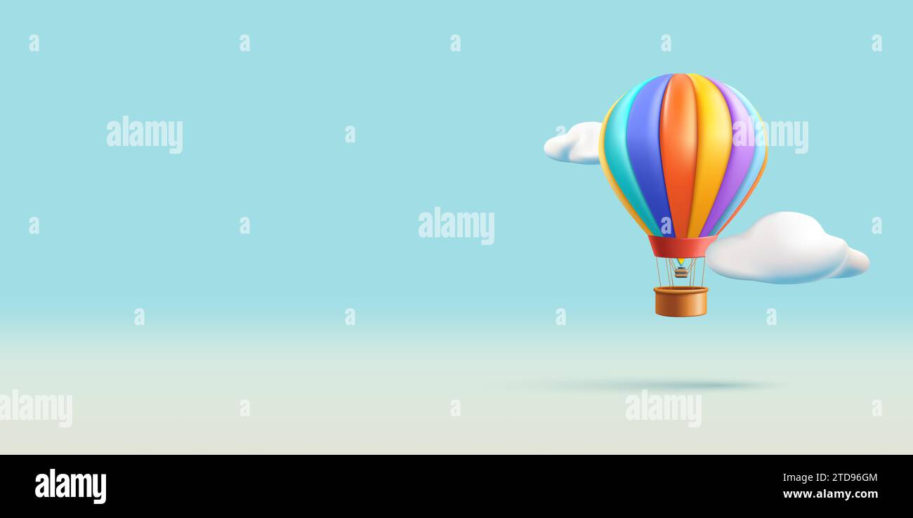 Hot Air Balloon with basket 3d render illustration flying in the sky in ...