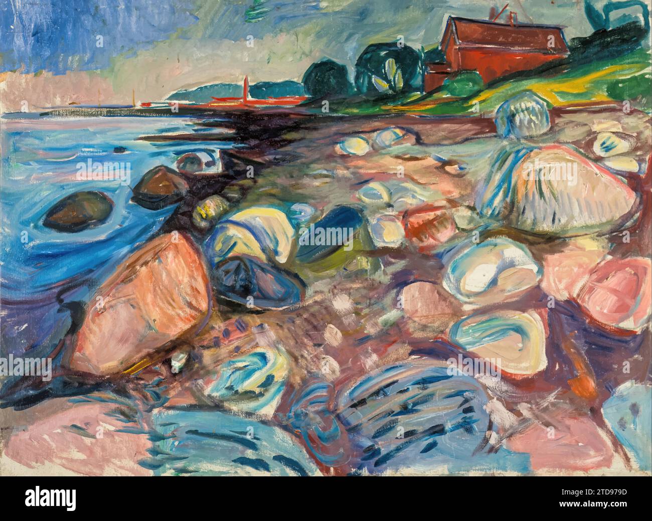 Shore with Red House (oil on canvas) by Artist Munch, Edvard (1863-1944) / Norwegian. Stock Vector