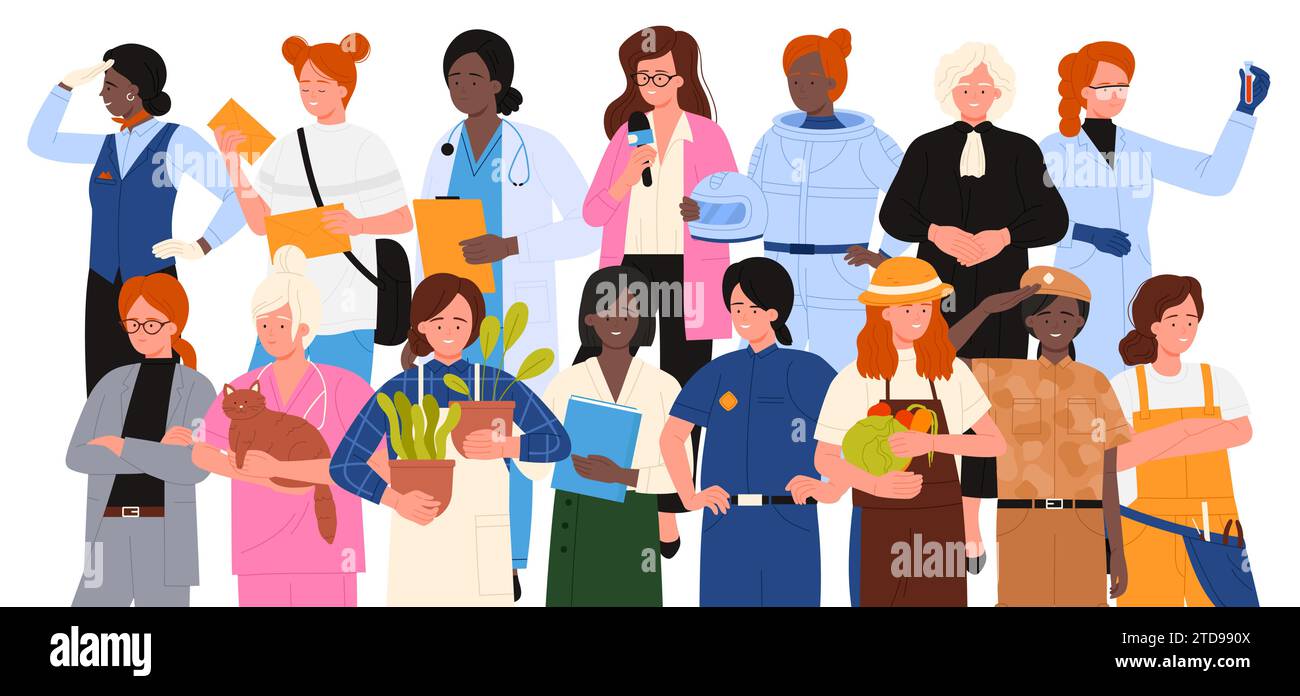 Women of different professions vector illustration. Cartoon isolated collection of international female workers in uniform, hospital or police staff, cleaning service, professional business lady Stock Vector