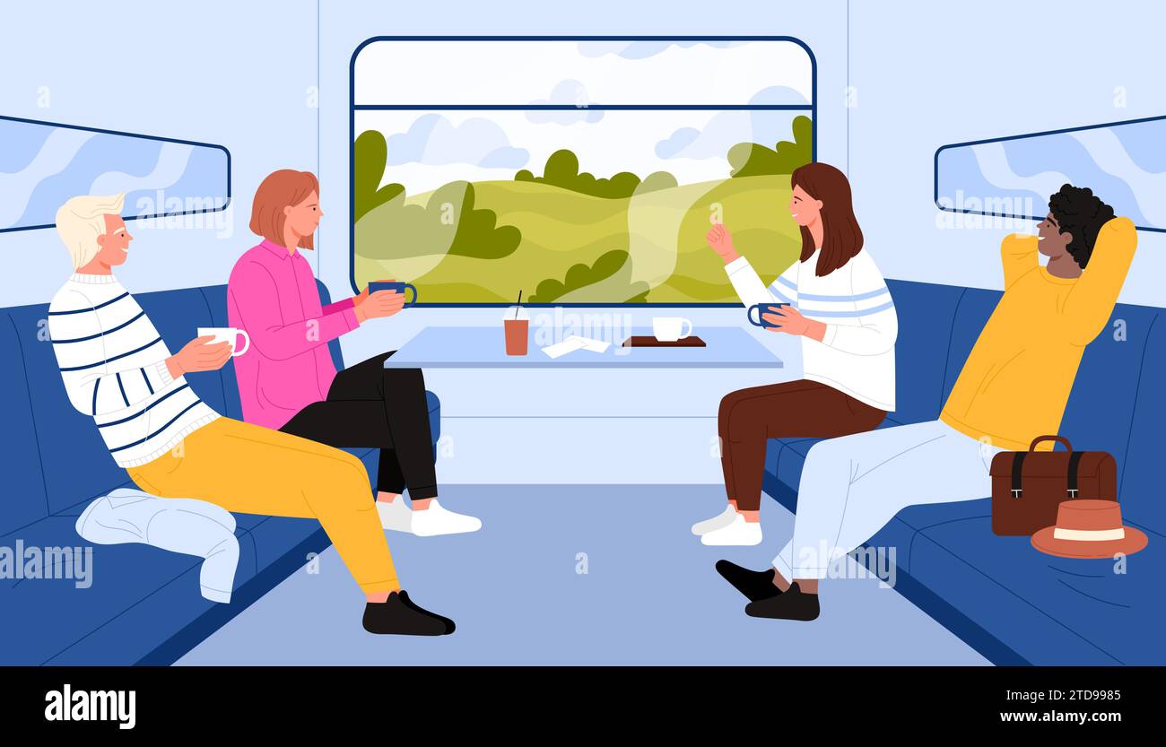 People travel in train compartment vector illustration. Cartoon group