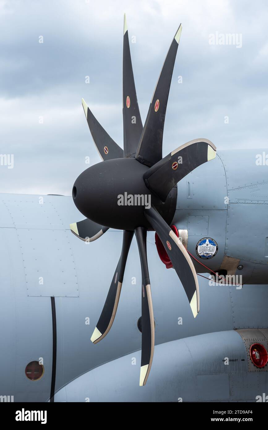 Lockheed C-130H with eight blade propeller and Rolls Royce T56 3.5 upgrade engines at Farnborough International Airshow. Engine enhancement program Stock Photo