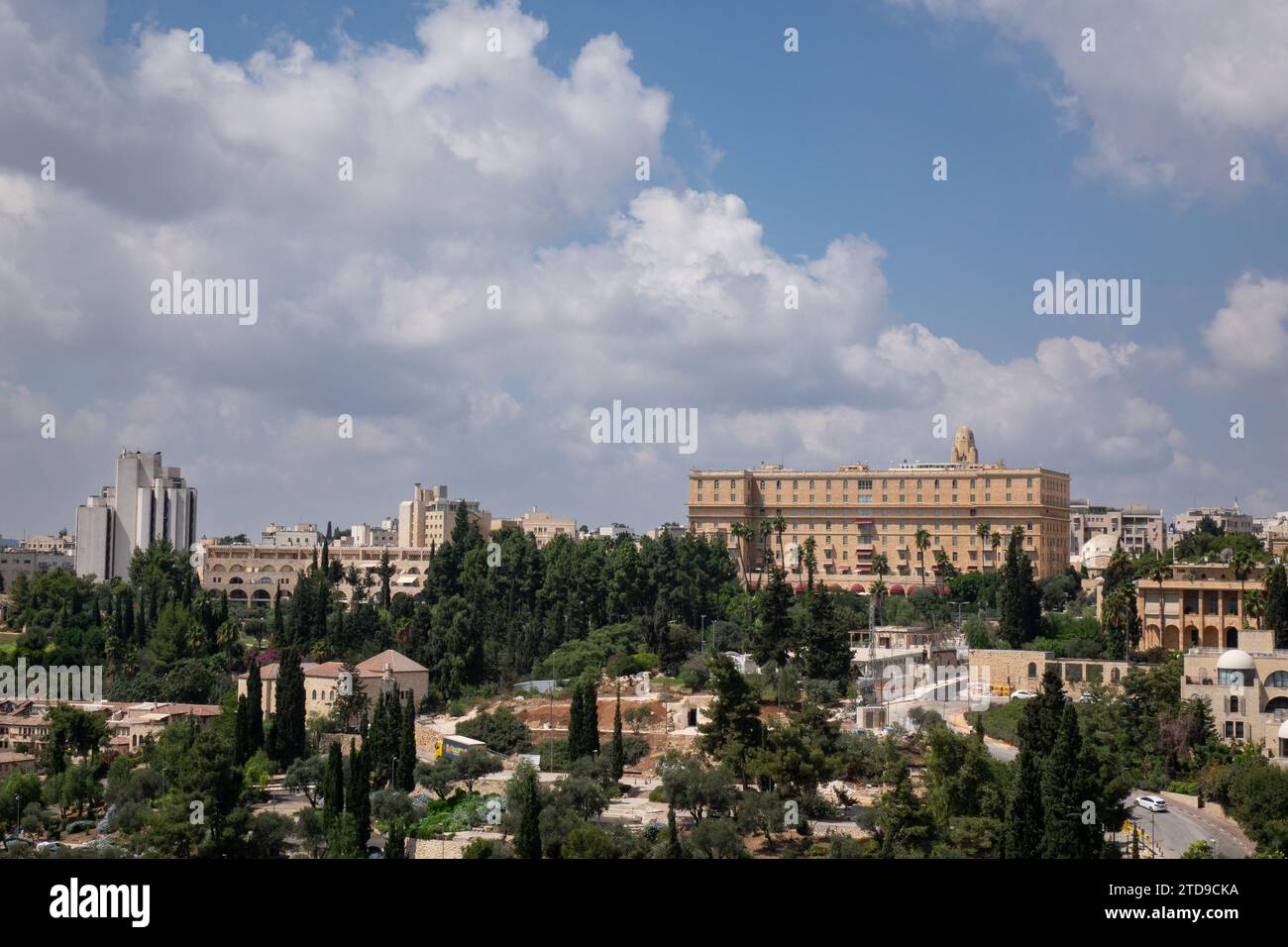 View of Yemin Moshe neighborhood and King David Hotel in Jerusalem during a cloudy Summer day. Stock Photo