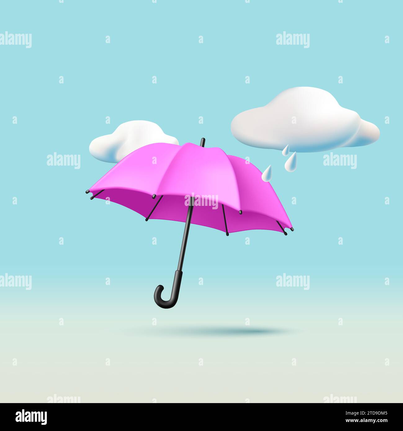 3d realistic render illustration of pink umbrella with rainy clouds in the sky, isolated trendy composition Stock Vector