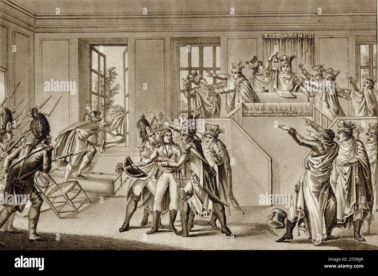 Consulate: 'Napoleon Bonaparte (1769-1821) at the Saint Cloud seance on 18 brumaire (9/11/1799)'. Napoleon Bonaparte's coup d'état on 18 Brumaire at the Conseil des Cinq-Cents (Five Hundred) (salle des 500), protected by grenadiers, put an end to the Directoire and gave birth to the Consulate. Stock Photo