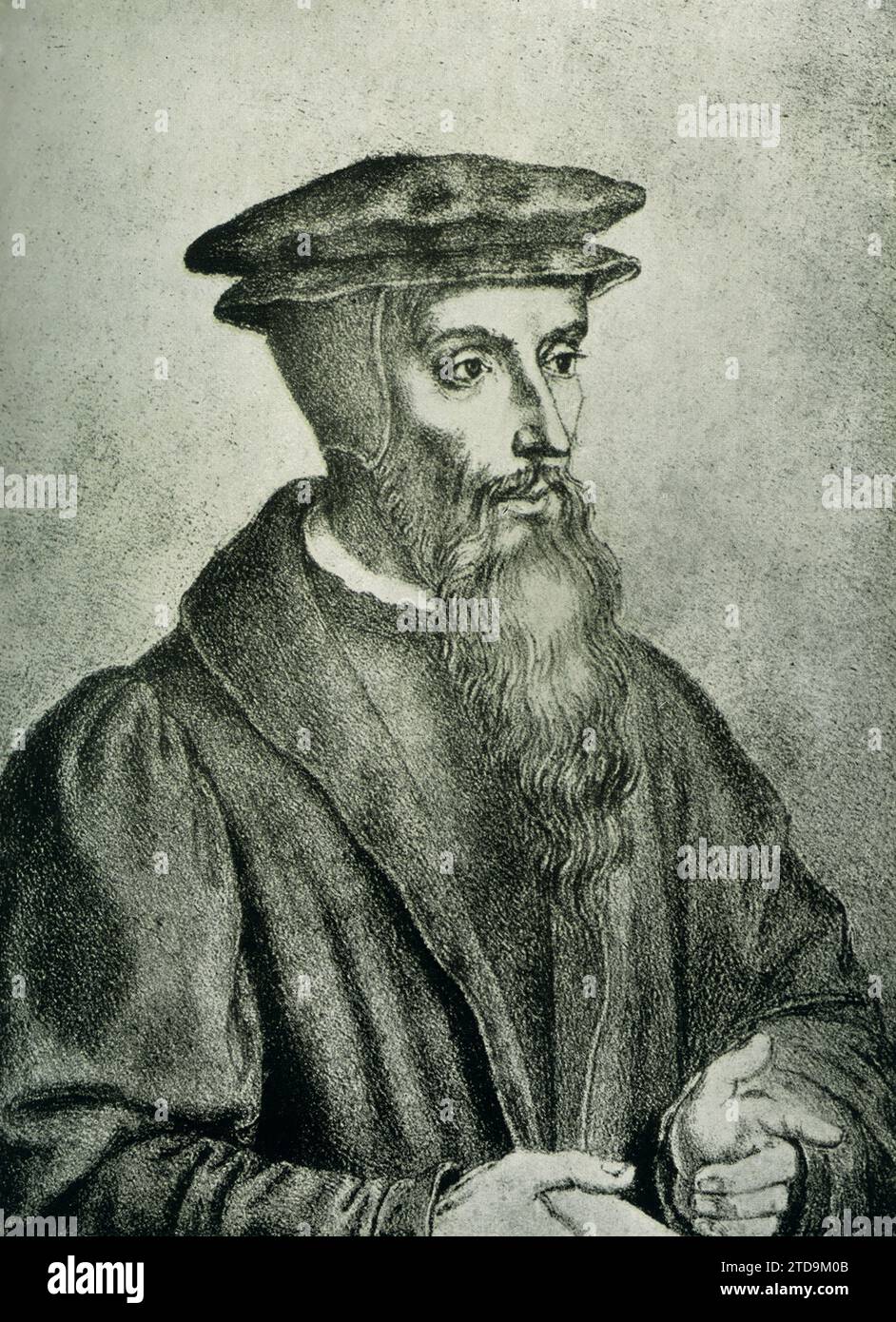 Johann [John] Calvin (1509-1564) was a French theologian during the Reformation. Calvinism, named for Calvin, is a Protestant theological system, which emphasizes the irresistibility of grace and the doctrine of predestination. Stock Photo