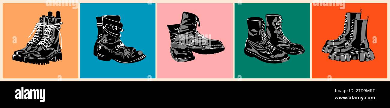 Set of different modern black leather boots vector Stock Vector