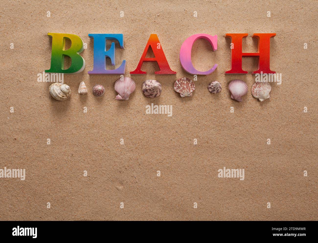 top view of beach written in colorful letters decorate with shellfish ...