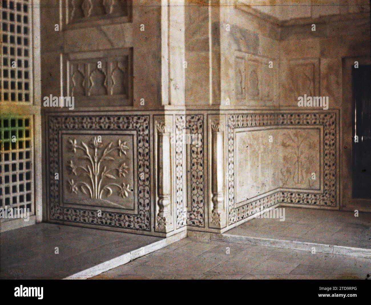 Agra, India Wall decoration representing chiseled marble flowers framed