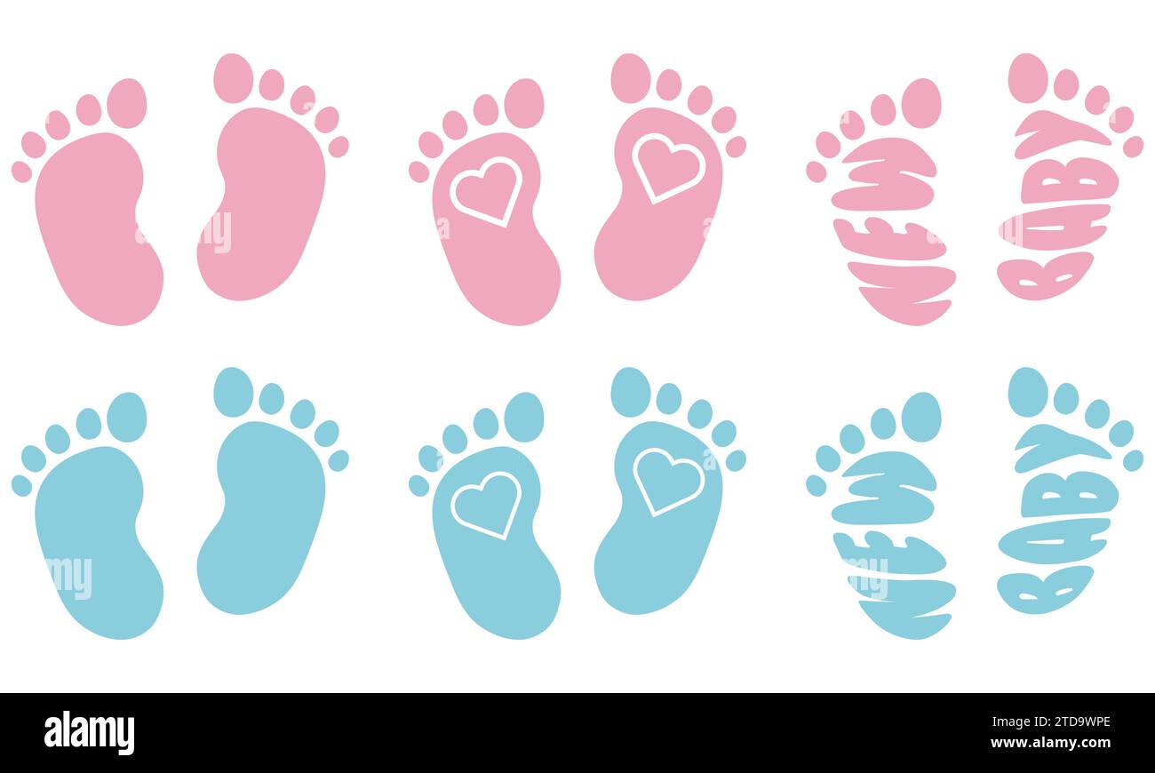 Baby footprints for a newborn design, 3 types, plain, with heart, with the word new baby in pink or blue colours Stock Vector