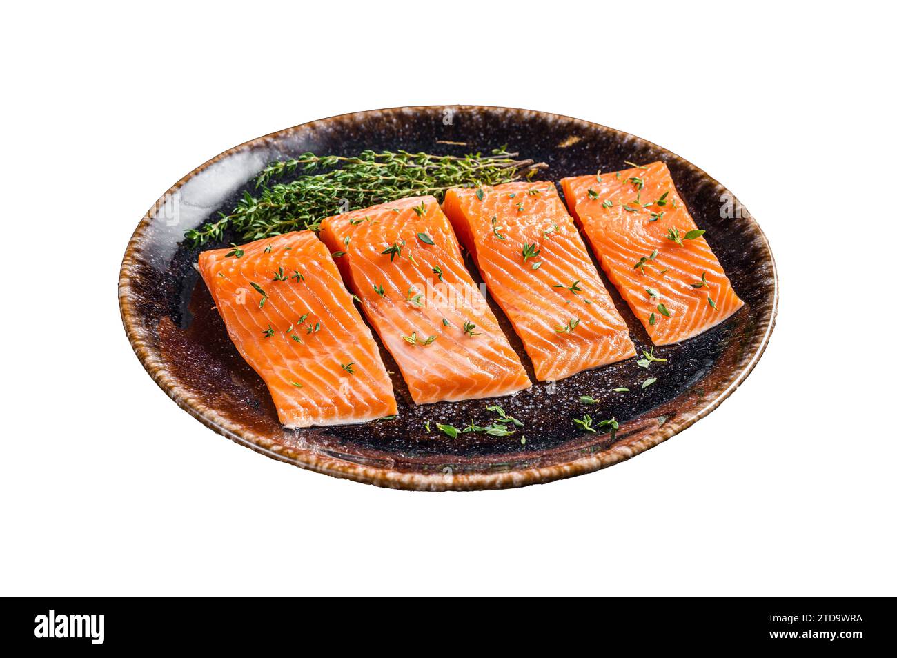 Salmon fillet steaks, raw fish with thyme and herbs. Isolated on white ...