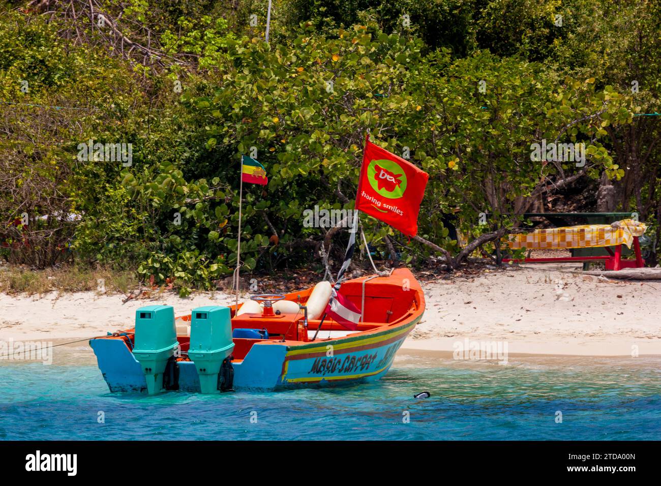 Mr Fabulous – Magic Carpet Water Taxi Moored on the Island Beach of Petit Rameau at the Tobago Cays Marine Park, The Grenadines, Eastern Caribbean. Stock Photo