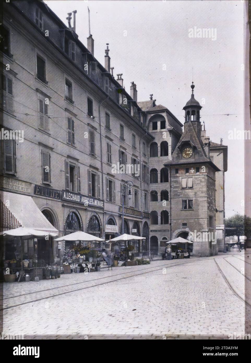 Geneva, Switzerland The Molard Tower and the flower market of Place du