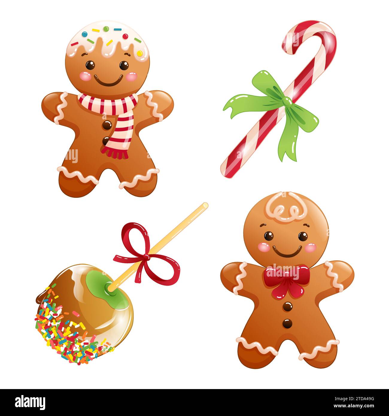 Set of Christmas vector illustrations featuring cartoon gingerbread men, candy cane and caramel apple Stock Vector