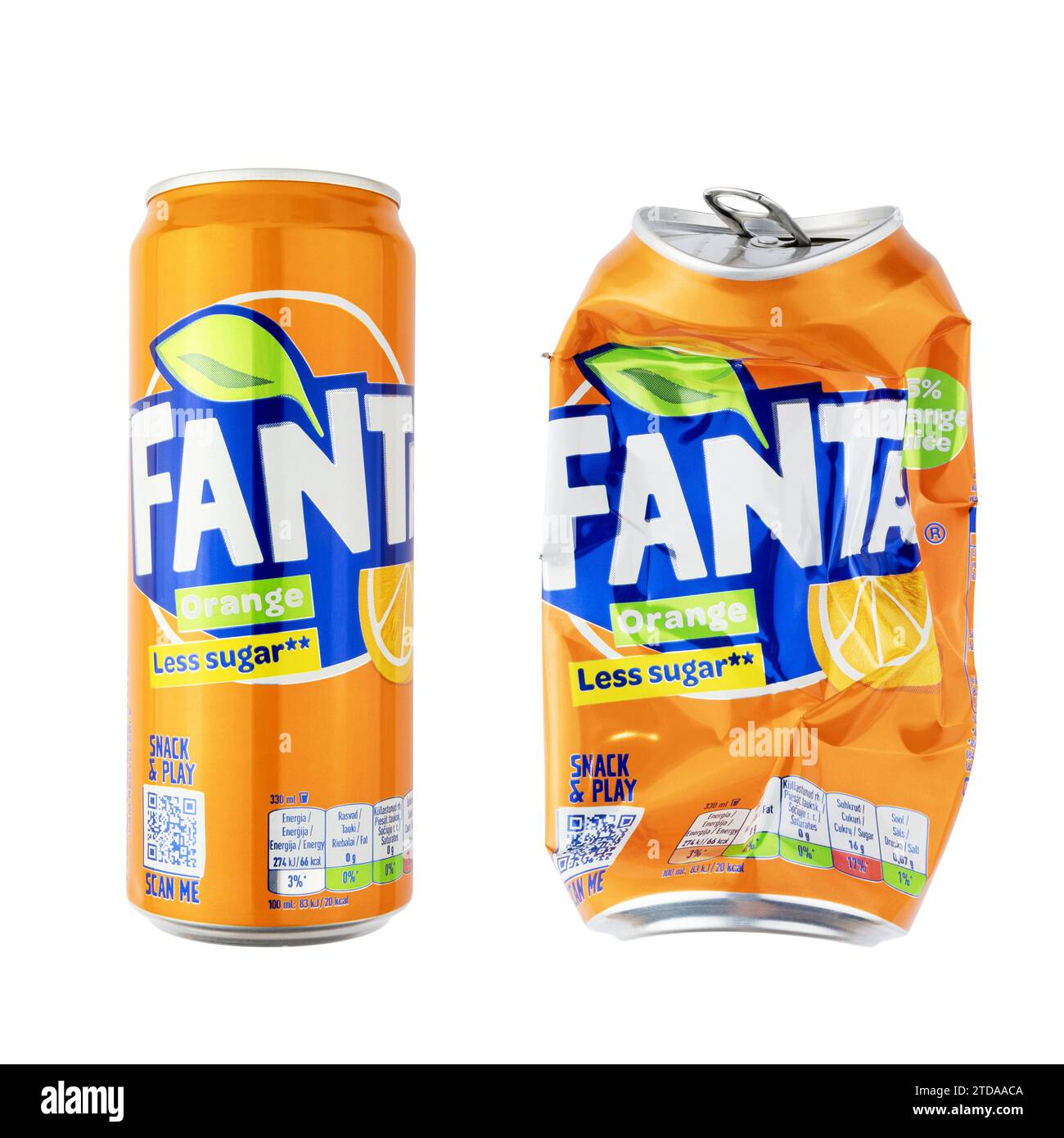 Fanta soft drink can, new and crushed isolated on white background Stock Photo