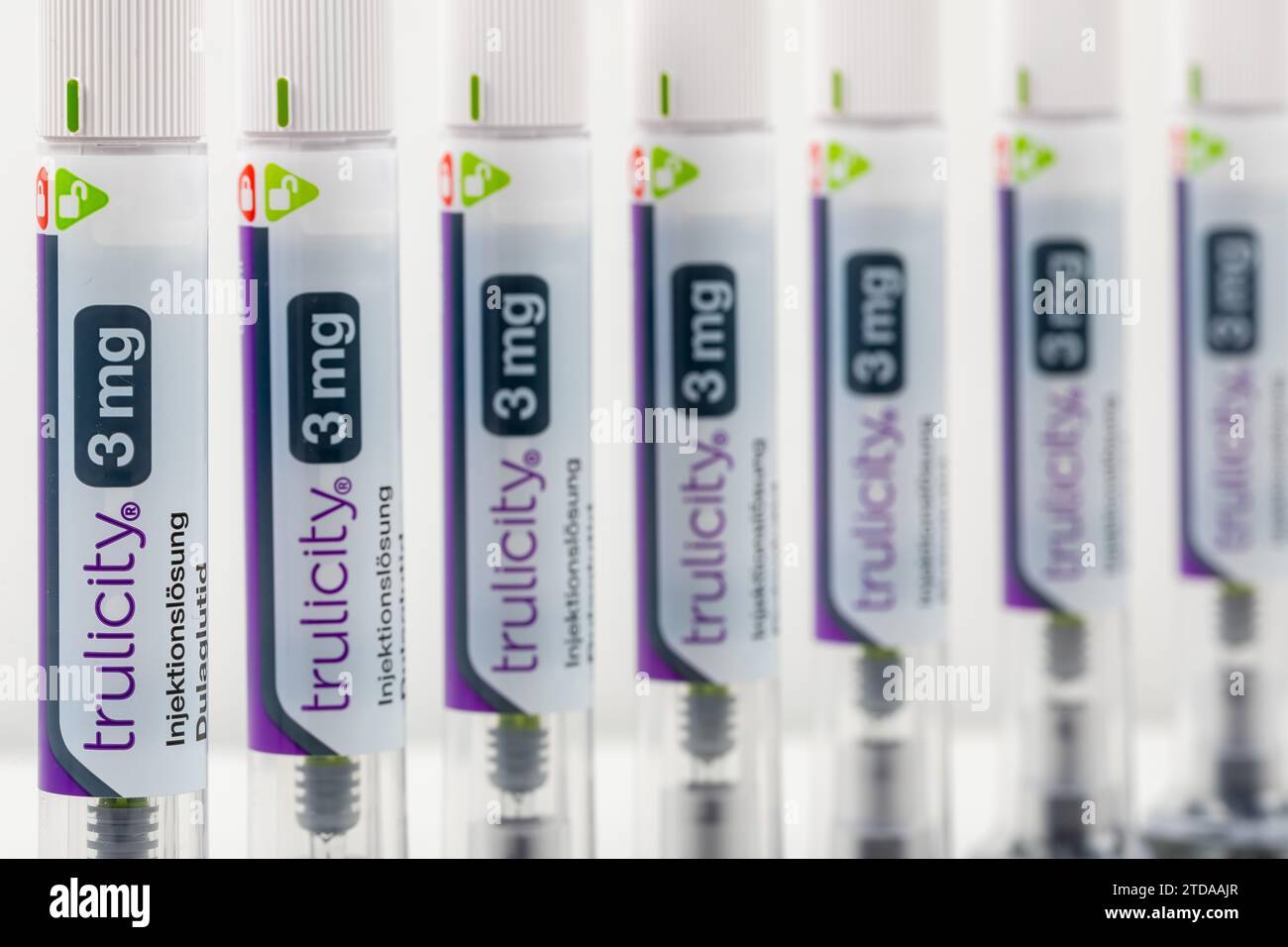 Row of Trulicity Injection Pens - Diabetes Medication and Medical Supplies, Selective Focus Stock Photo