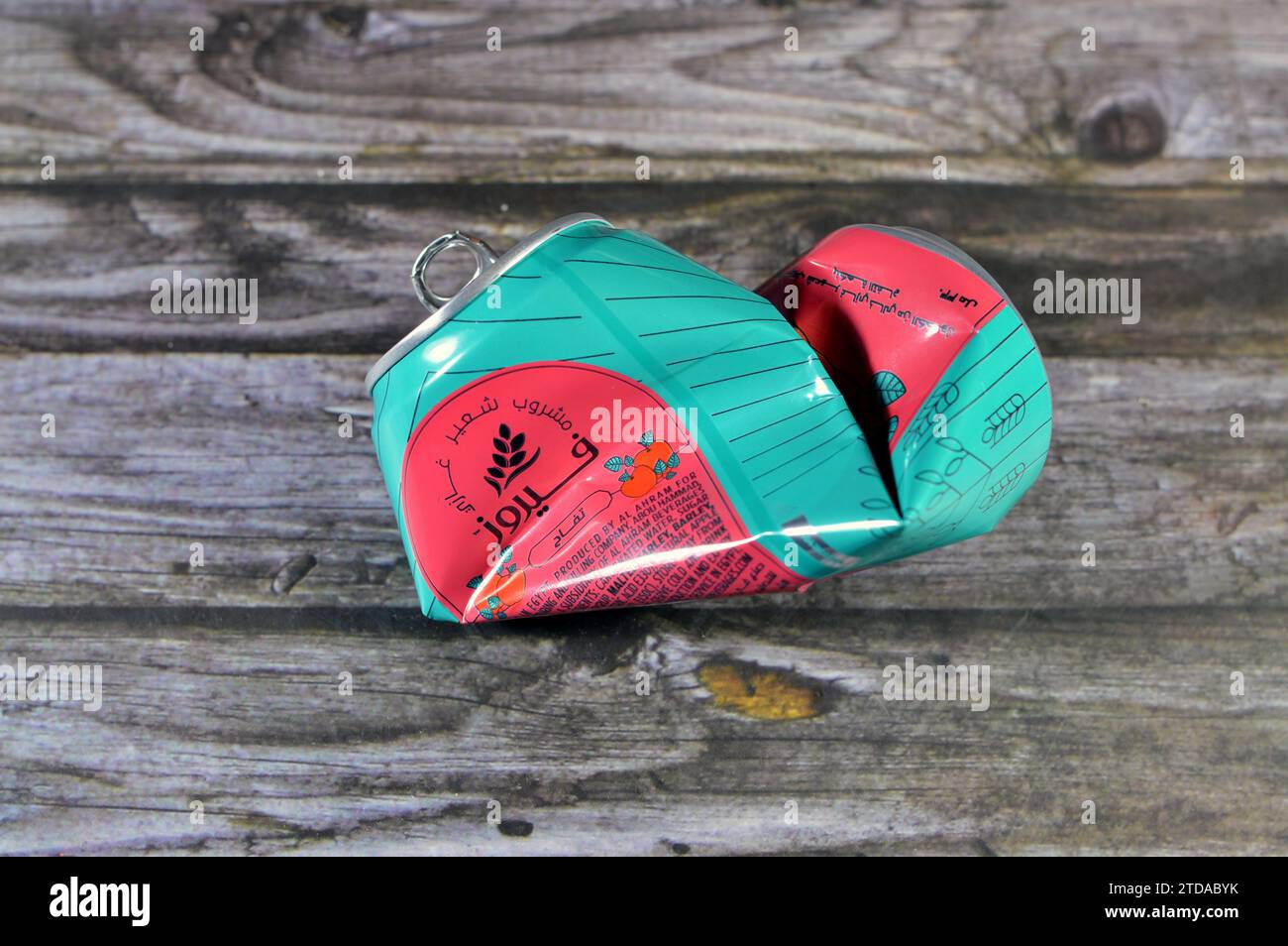 Cairo, Egypt, December 13 2023 Crushed dented Fayrouz Apple malt drink