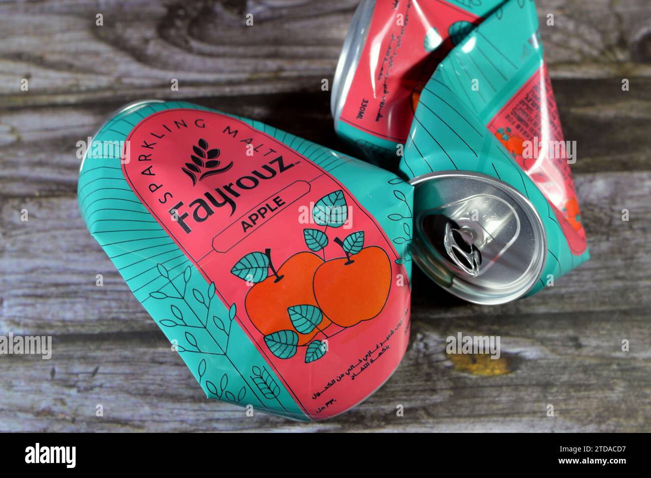 Cairo, Egypt, December 13 2023 Crushed dented Fayrouz Apple malt drink
