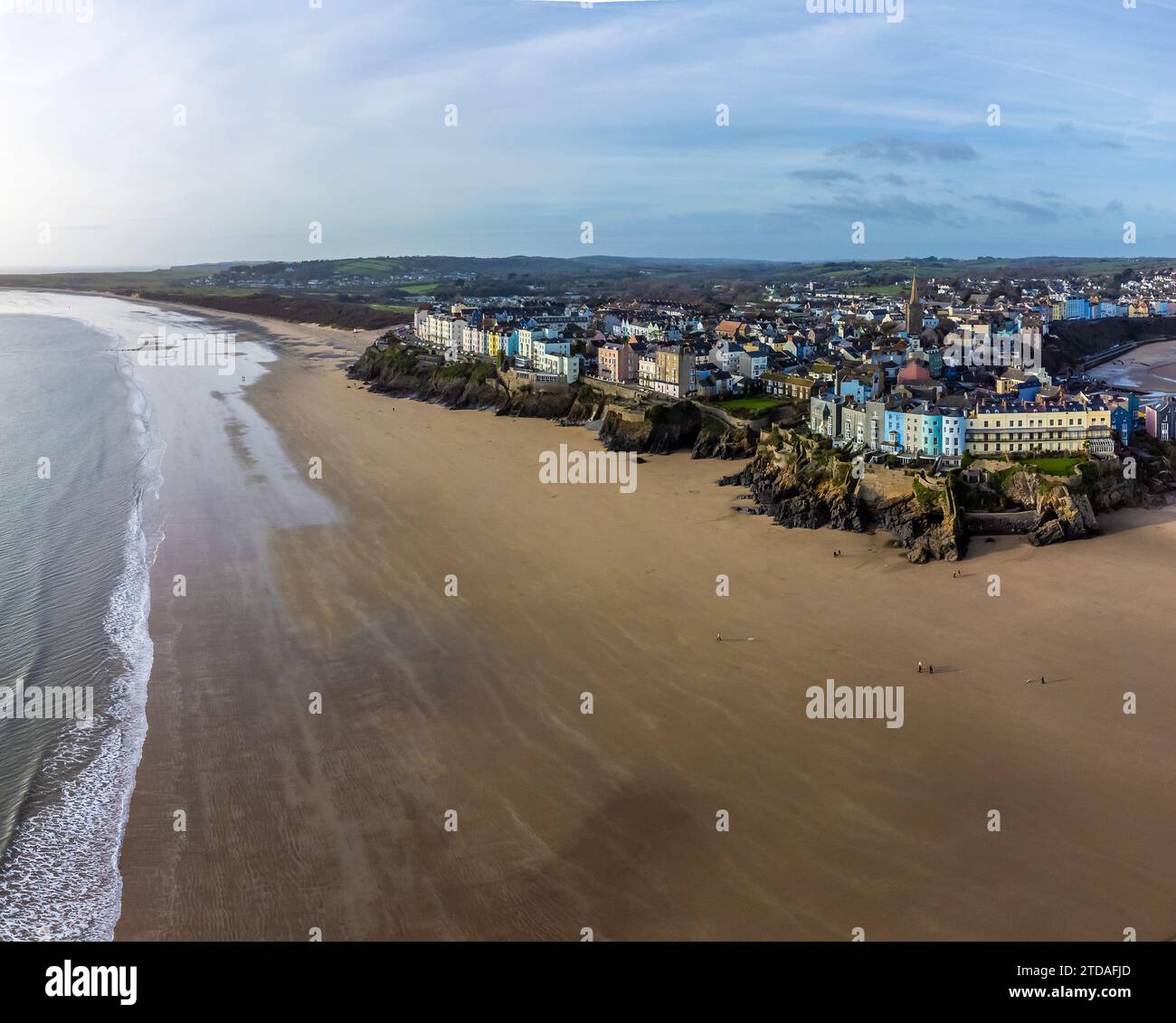 An aerial view along the South beach in Tenby, Wales on a sunny day Stock Photo
