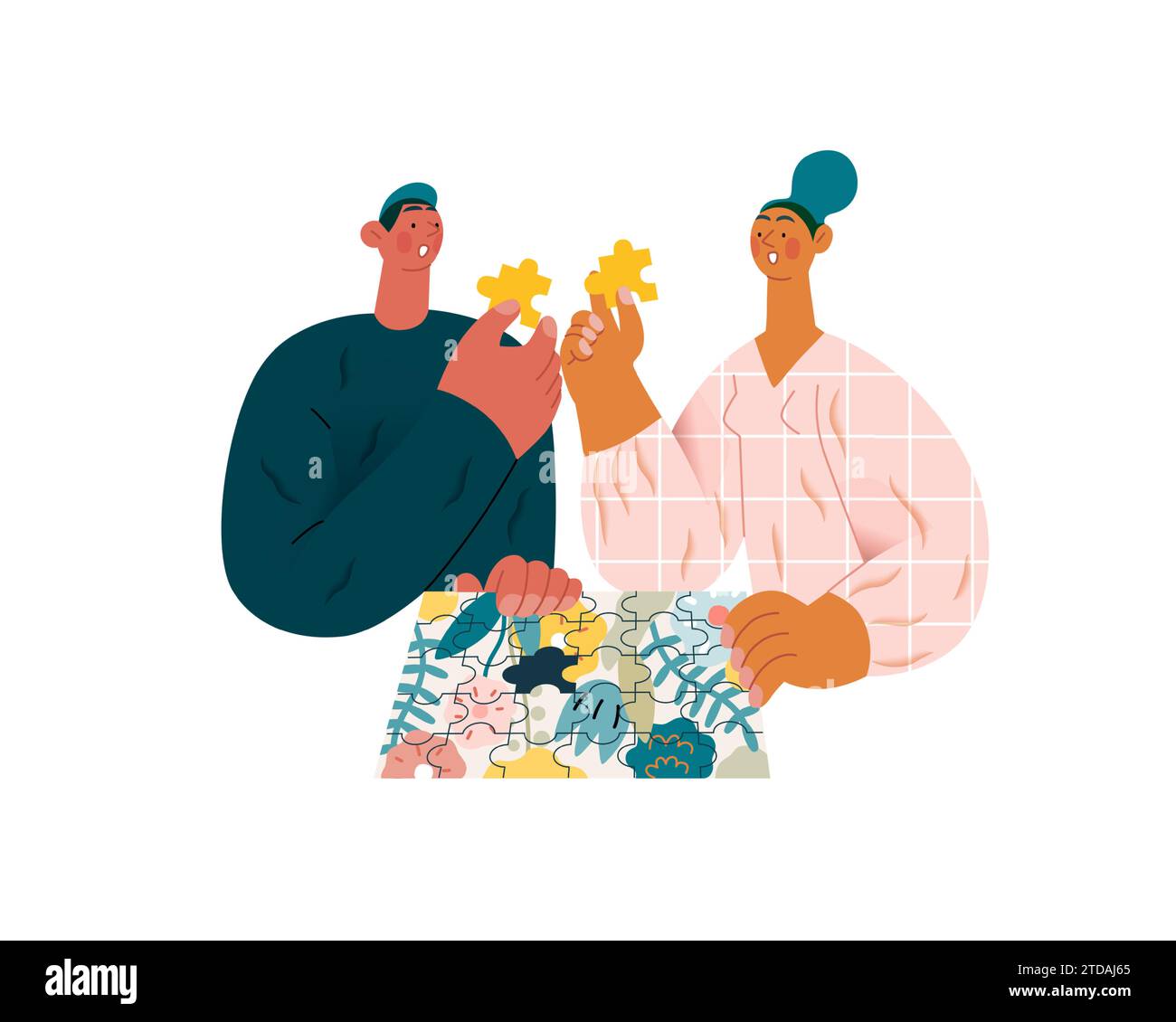 Valentine: Unexpected Match -modern flat vector concept illustration of a couple with duplicate puzzle pieces, a twist in their completion. Metaphor f Stock Vector