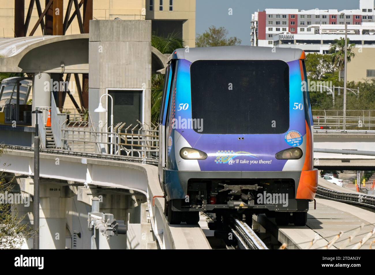 Miami, Florida, USA 5 December 2023 Train on the city's Metromover driverless light railway