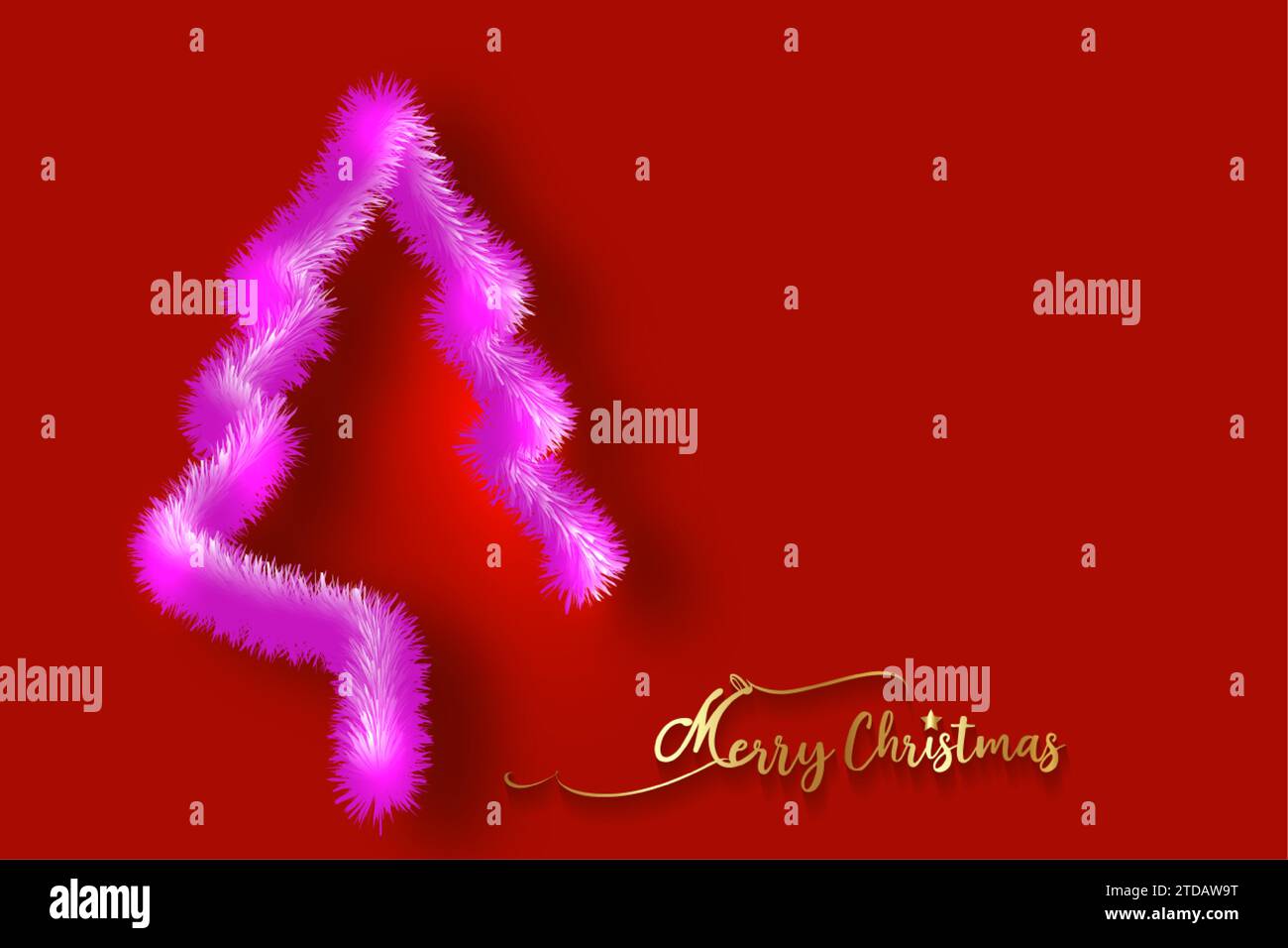 Christmas Tree background and  Merry Christmas gold calligraphy. pink Fir tree symbol in fur effect style. Holidays vector red template Stock Vector