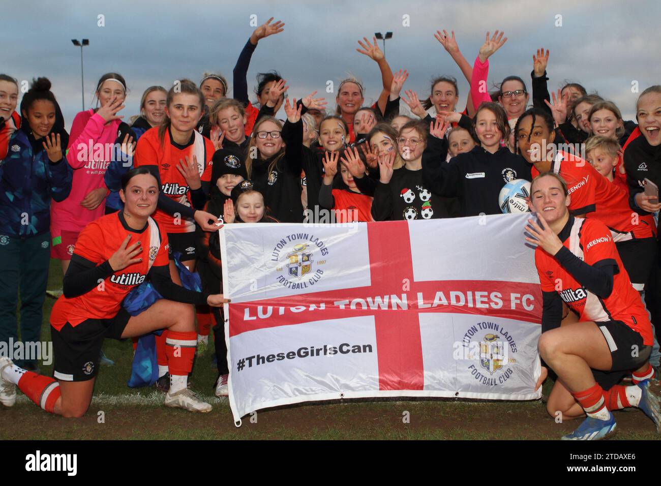 Luton Town Ladies FC celebrate winning Adobe Women's FA Cup tie v Keynsham Town at Barton Rovers FC, 17th December 2023 Stock Photo