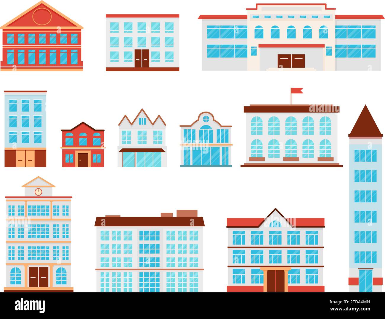 Flat urban public buildings. School medical center and government building. Church and apartment house, architecture decent vector elements Stock Vector