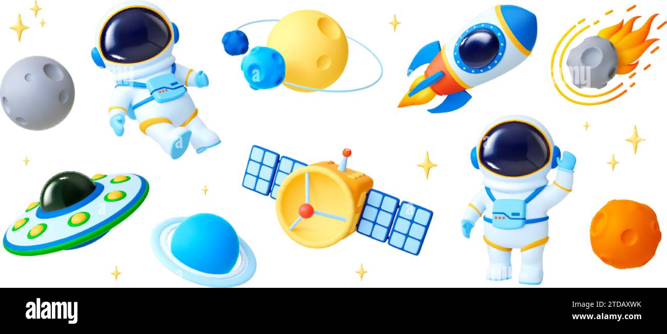 Space cartoon 3d elements. Ufo ship, rocket and astronaut character in suit. Realistic universe objects in plastic style. Planets and satellite pithy Stock Vector
