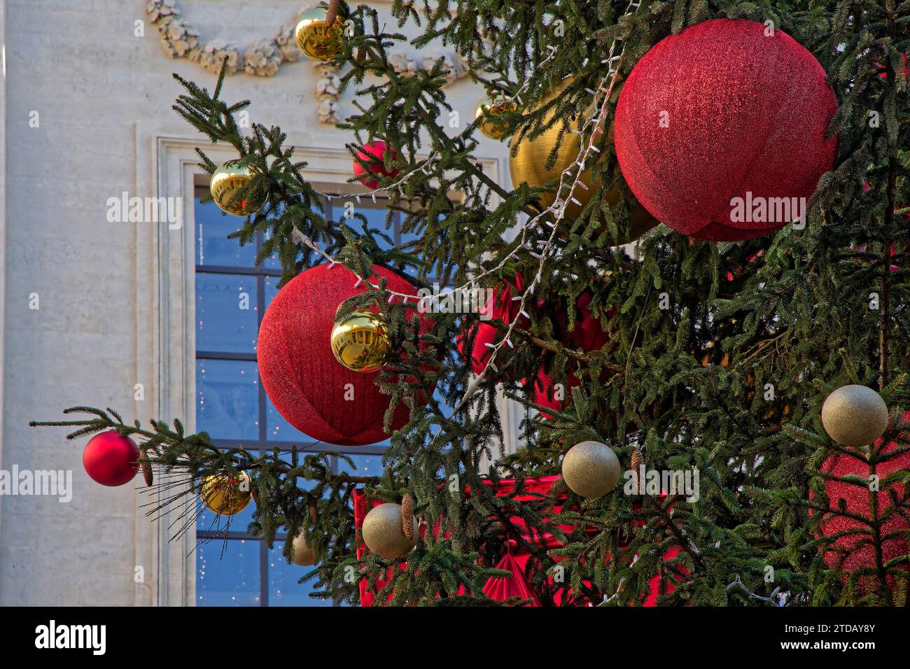 LYON, FRANCE, December 17, 2023 : Christmas tree and decorations in the Great Hotel-Dieu, an ancient hospital, now renewed as a modern commercial cent Stock Photo