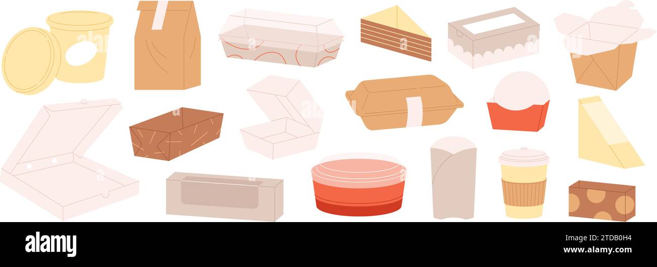 Food take away boxes set. Takeaway plastic and paper containers