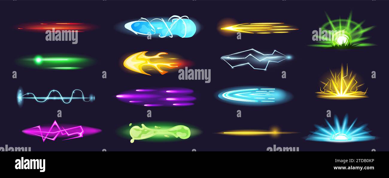 Cartoon gun shooting effects. Plasma explosion and laser rays, bright