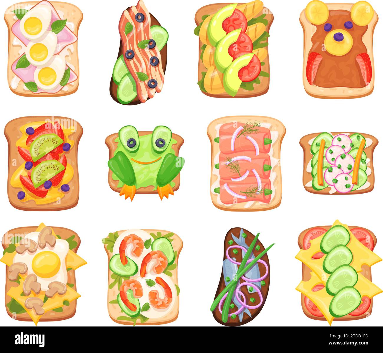 Sandwiches top view. Isolated sandwich different toppings, toast