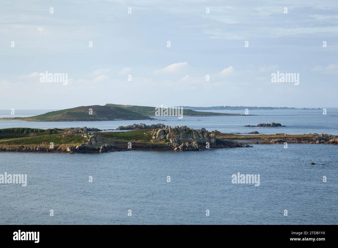 View from Bryher to Samson and St Agnes islands. Isles of Scilly. Cornwall, UK. Stock Photo