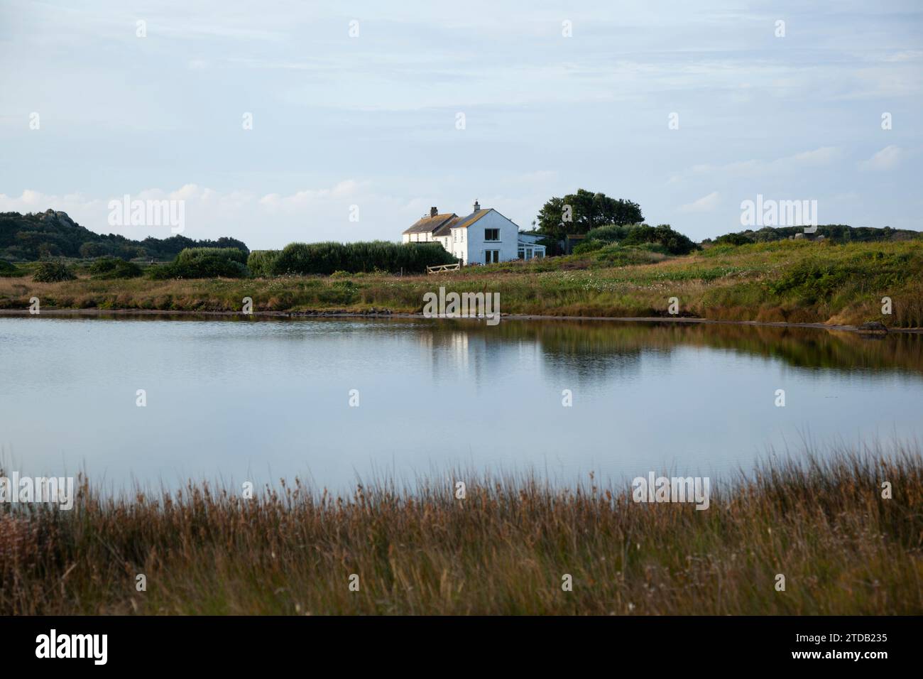 House next to pond. Bryher. Isles of Scilly, Cornwall, UK. Stock Photo