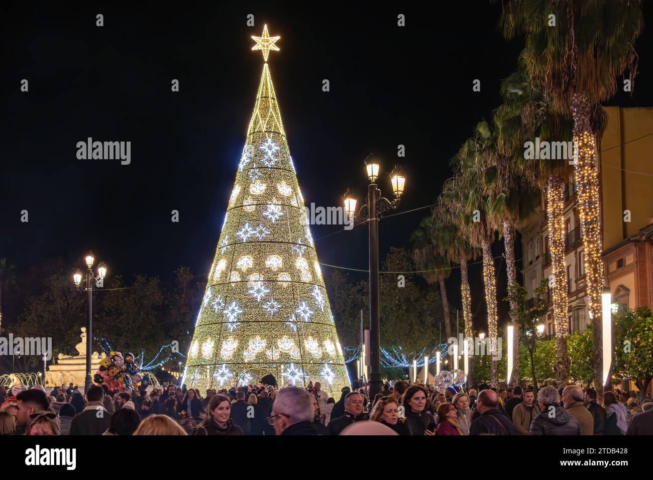 Seville, Spain - December 16,2023 Christmas tree in Puerta de Jerez (Jerez door) in Seville, Andalusia, Spain Stock Photo
