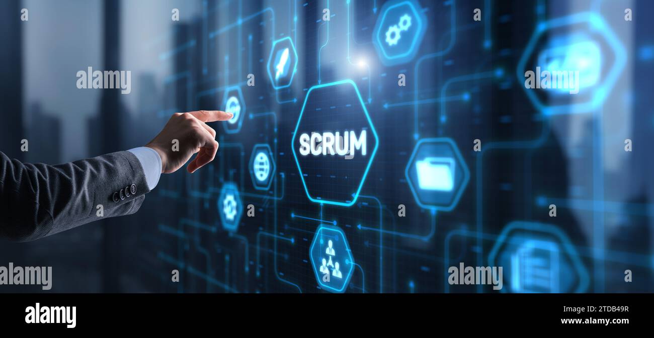 Businessman presses a button Scrum process software development outline concept. Stock Photo