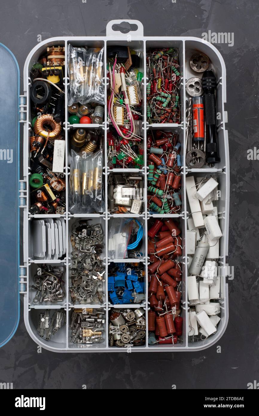 Open Organizer for storing various electronic components and equipment. plastic box for convenient storage of small radio components and other small i Stock Photo