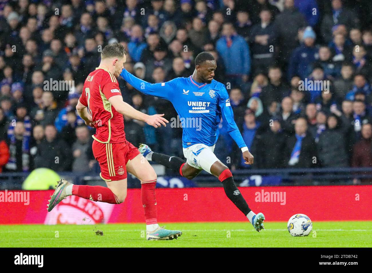 Glasgow, UK. 17th Dec, 2023. In the final of the 2023/2024 Viaplay Cup football competition, Rangers played Aberdeen at Hampden Park, the Scottish FA National Stadium. Rangers won 1 - 0, with the winning goal being scored by James Tavernier, (Rangers 2) the Rangers Captain, with an assist by Borna Barisic, (Rangers 31) in 78 minutes. Credit: Findlay/Alamy Live News Stock Photo