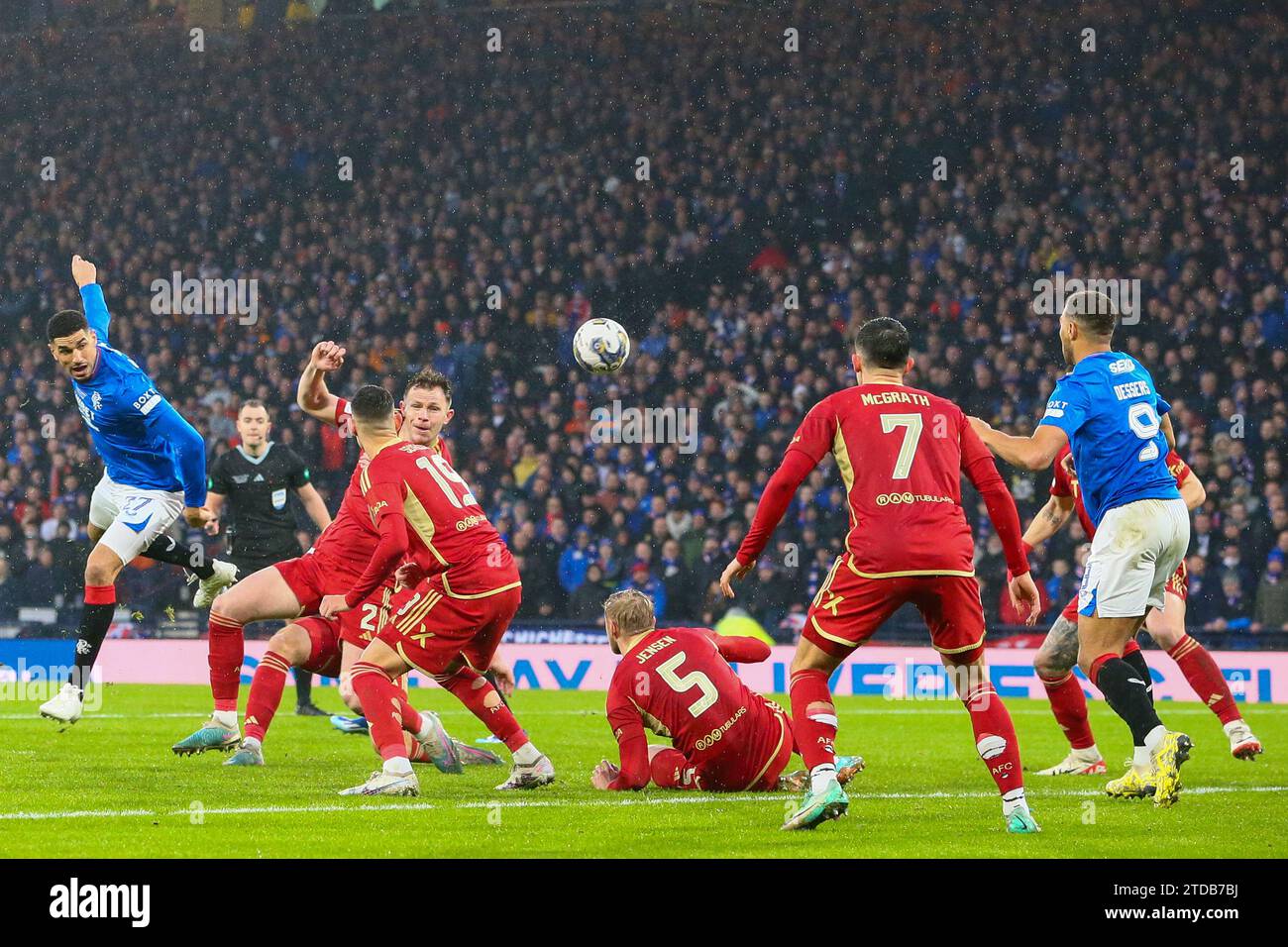 Glasgow, UK. 17th Dec, 2023. In the final of the 2023/2024 Viaplay Cup football competition, Rangers played Aberdeen at Hampden Park, the Scottish FA National Stadium. Rangers won 1 - 0, with the winning goal being scored by James Tavernier, (Rangers 2) the Rangers Captain, with an assist by Borna Barisic, (Rangers 31) in 78 minutes. Credit: Findlay/Alamy Live News Stock Photo