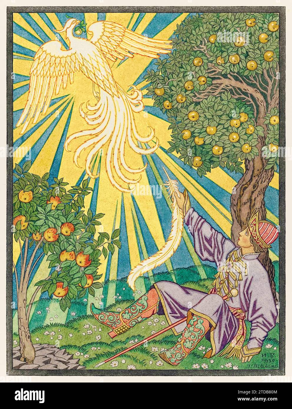 Ivan-Tsarevich and the firebird from Contes de l'isba by H. Isserlis and B. Auroyet published in 1931, illustration by Ivan Bilibine (1876-1942) showing Prince Ivan a Russian folk catching the firebird’s feather. Stock Photo
